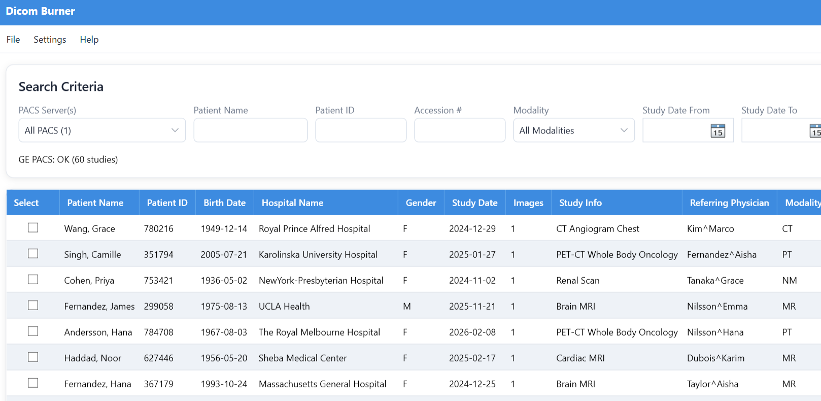 DICOM Burner search results showing studies queried from a PACS server across multiple hospitals
